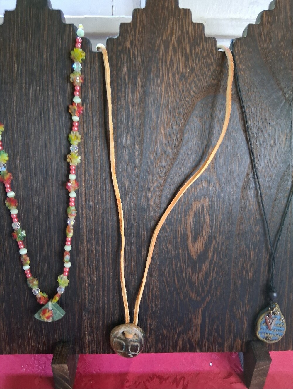 3 Handmade Natural Artsy Pendant Necklaces with Stone Pottery Ceramic Charms